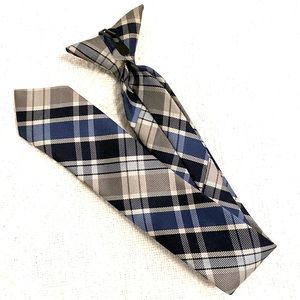 💙 Kids Clip-On Tie in Blue Grey Black Tartan Plaid